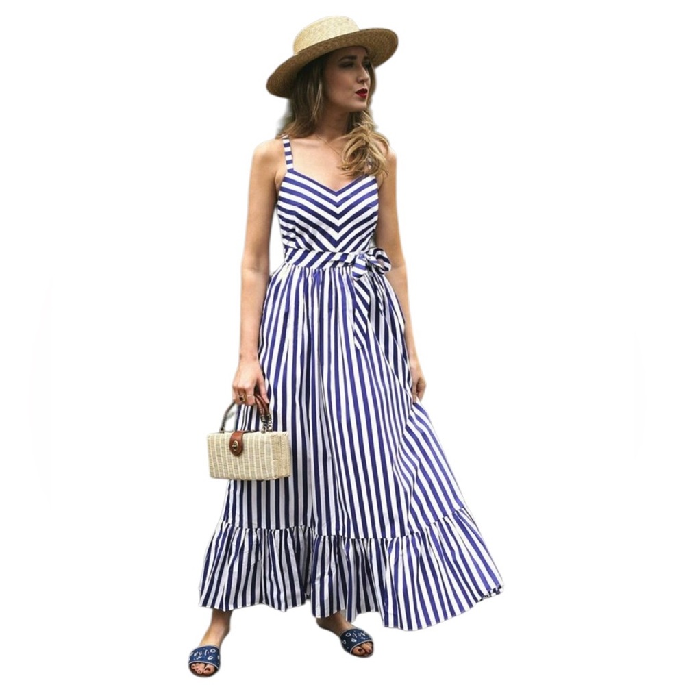 Striped Blue and White Maxi Sundress with Tie Waist